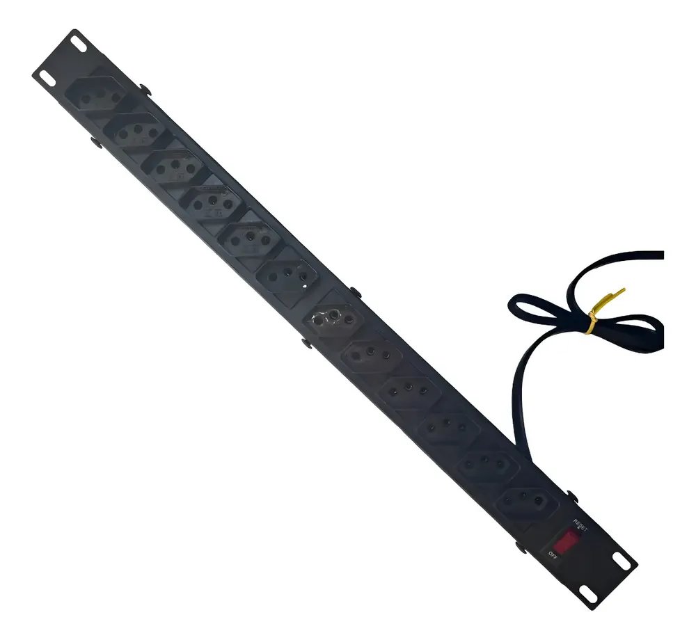 Regua Rack 19 Filtro Linha 10a 12 Tomadas Extensão Elétrica - Preto - Com Chave De Proteção Eletrônica Max Amper