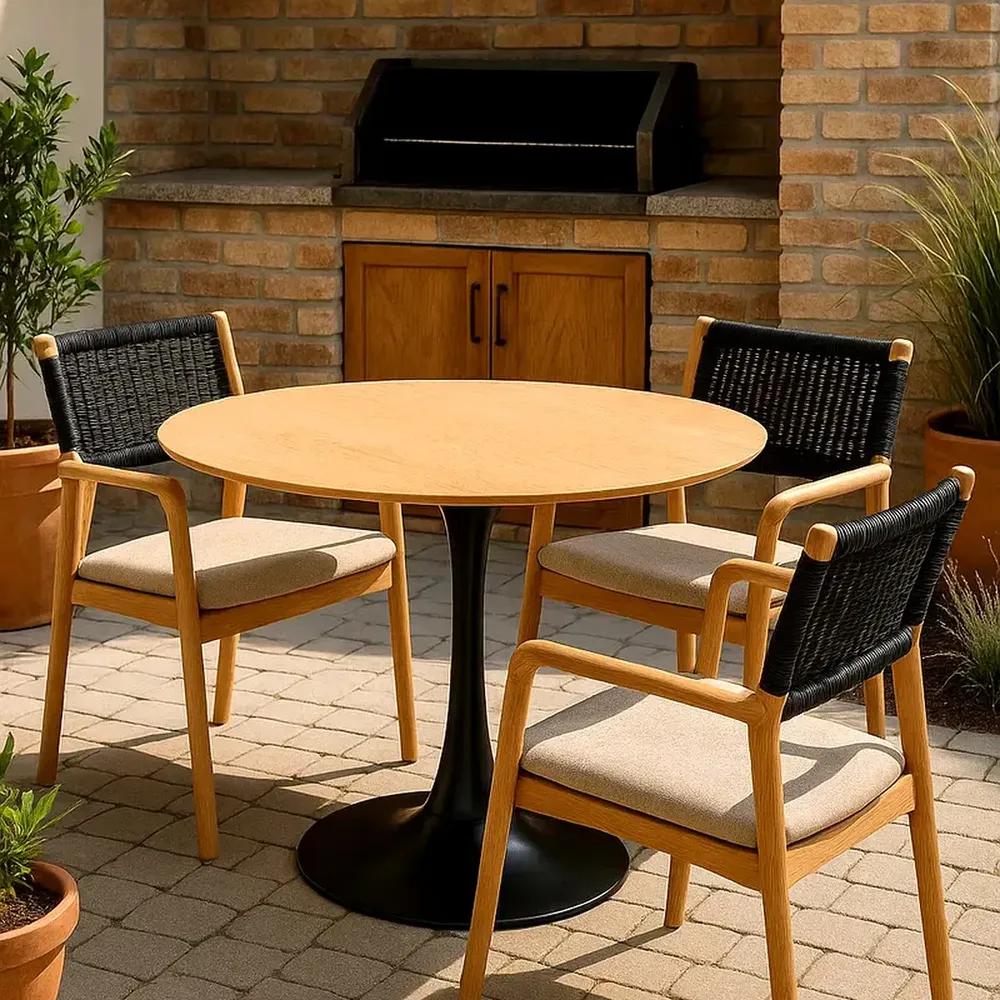 Mesa Jantar Redonda Tulipa 80cm Base Aço Tampa Madeira Pés Preto
