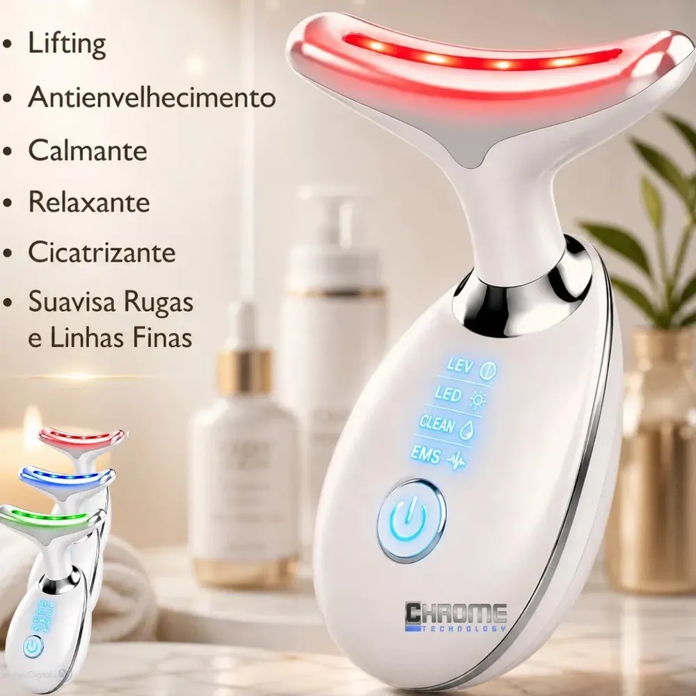 Massageador Facial Lifting De Pescoço e Rosto LED Vibração Fototerapia Para Rejuvenescer Firmeza Anti-Rugas Aparelho Redutor de Papada Lift Mascara Led Facial MARCA Chrome Technology