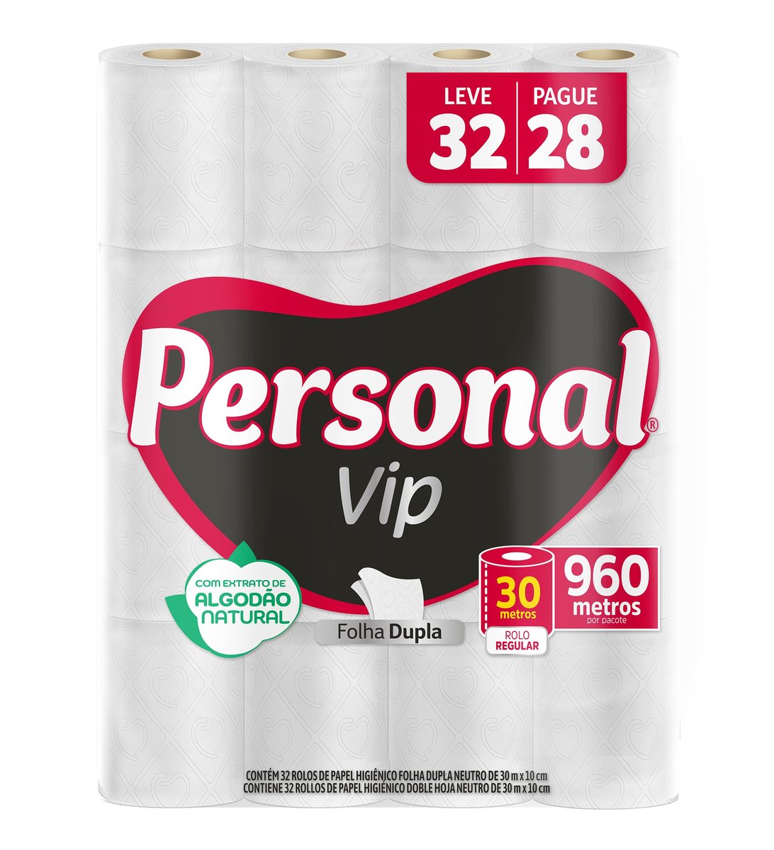 Personal Papel Higiênico VIP Folha Dupla Leve 32 Pague 28 rolos 30M
