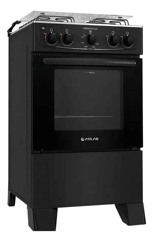 Fogão 4 Bocas Atlas Mônaco Plus Preto Com Mesa Inox E Acendimento Automático Bivolt