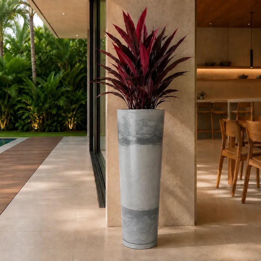 Vaso De Planta Grande Alto Luxo Sala Jardim Com Pratinho Cinza Premium Liso