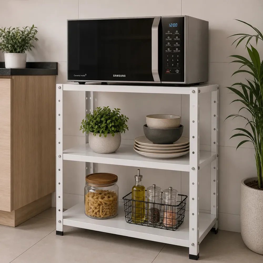 Estante Multiuso Cozinha Suporte Para Microondas Em Aço Luxo Branco