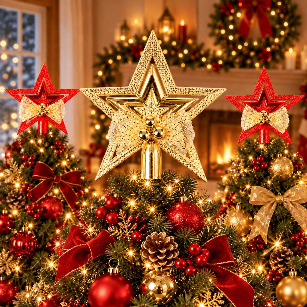 Ponteira Estrela de Natal Dourada ou Vermelha com Laço – Enfeite para Topo de Árvore Natalina Art Christmas