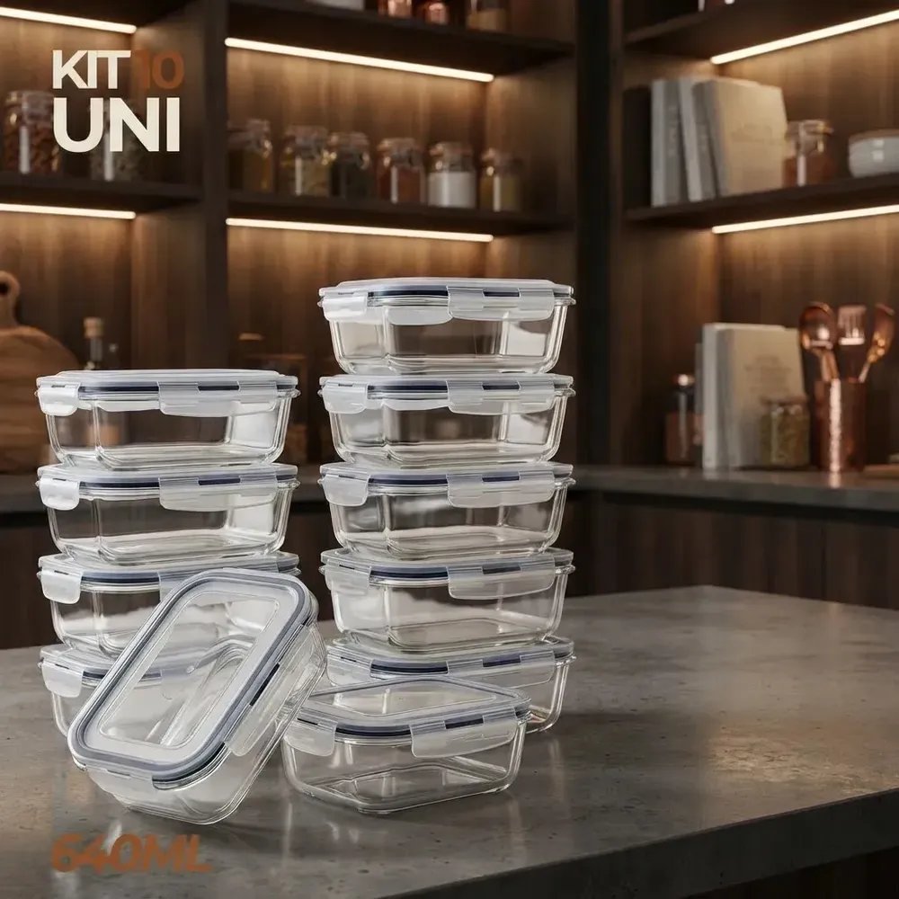 Kit 10 Pote De Vidro Marmita Hermético 640ml Freezer Fitness Rishon