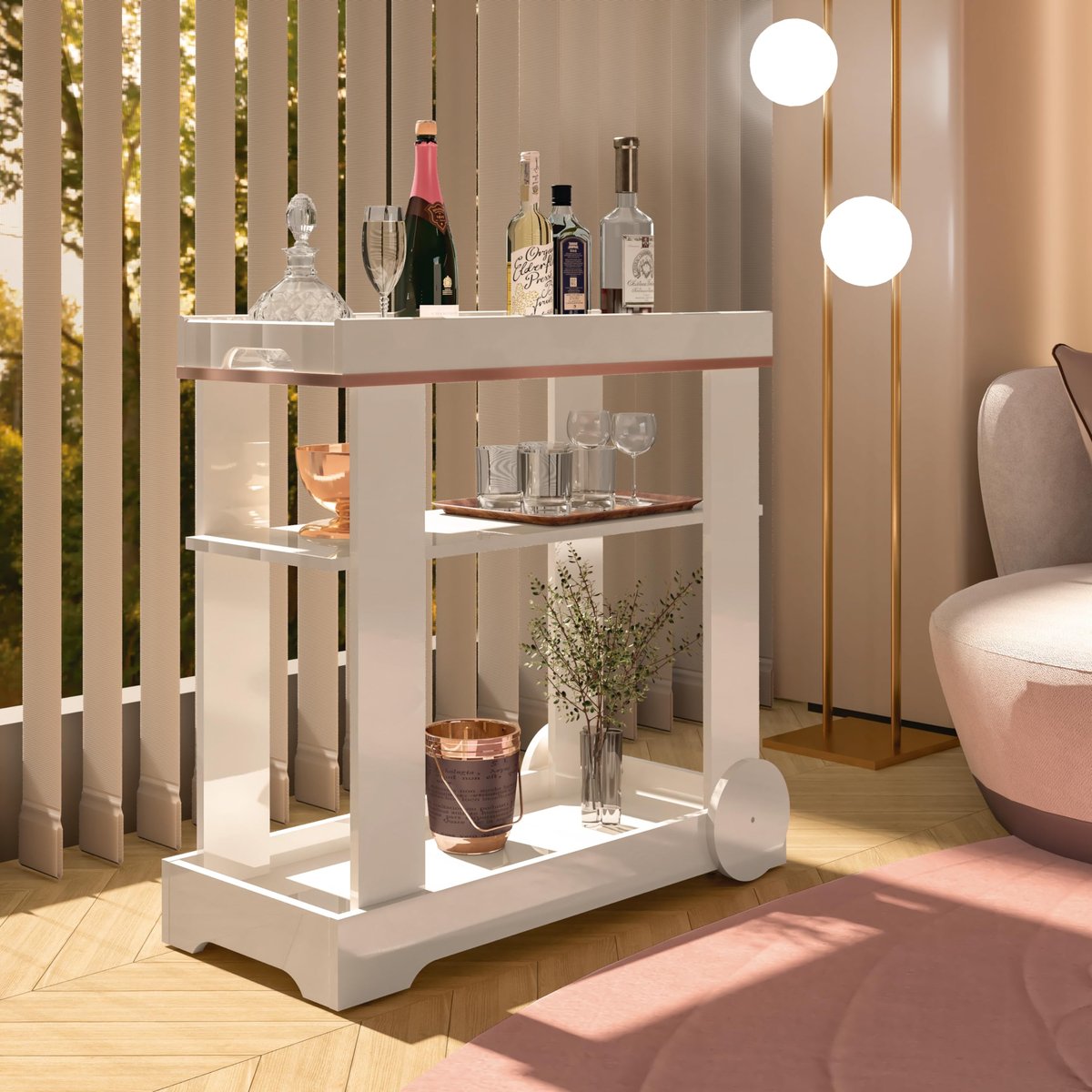 Artely Bar Carrinho com Rodízios e Fita Metalizada Rosé, Off White
