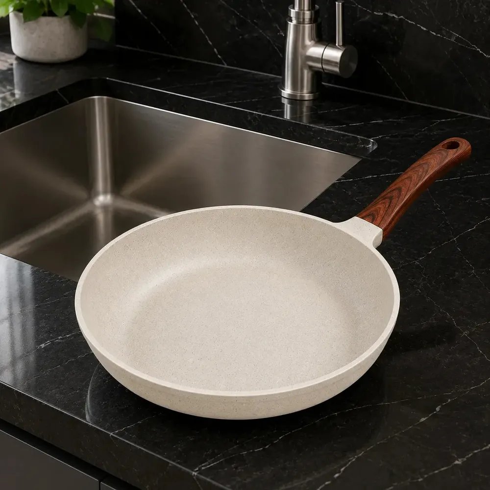 Frigideira Cerâmica Antiaderente 24cm Indução Cooktop Fogão a Gás Não Gruda Sem Óleo Cor Creme