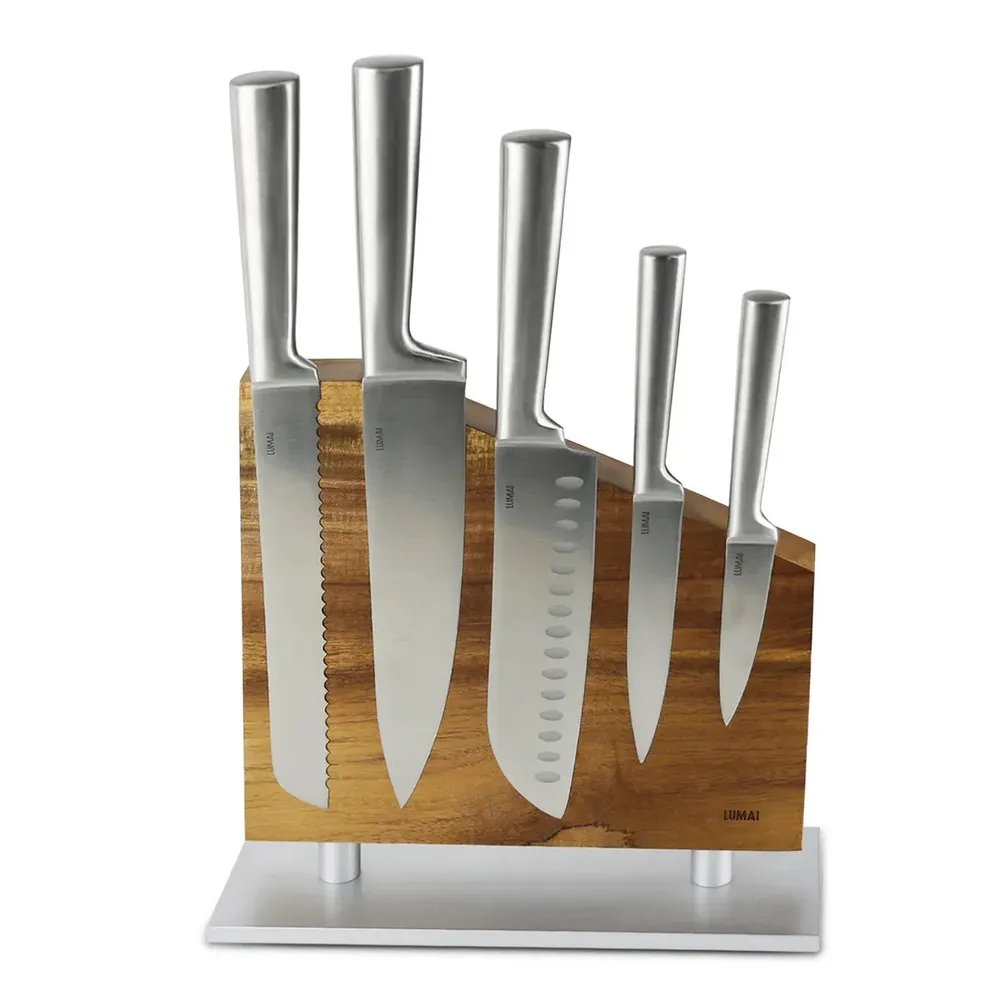 LUMAI Kit 5 Facas Aço Inox 3cr13 Grandes de Cozinha e Suporte Magnético em Madeira Acácia para Organizar a Bancada