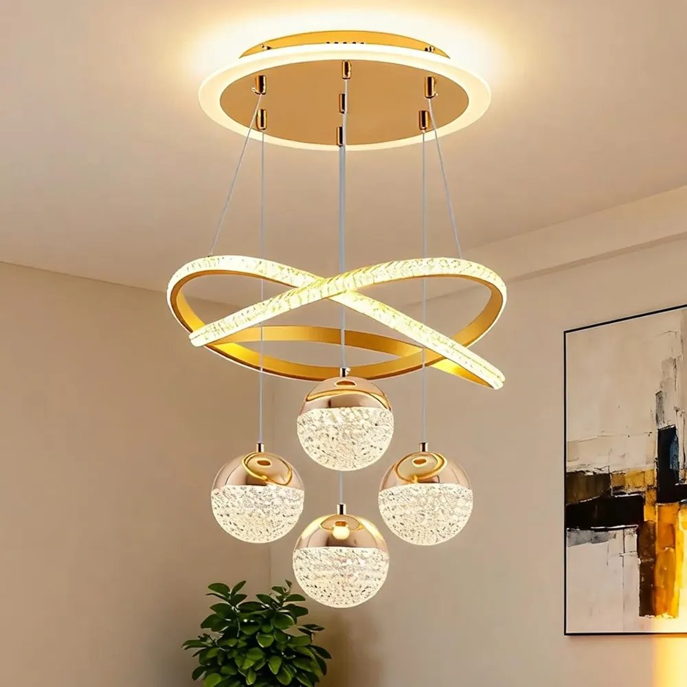 Lustre Sala De Jantar Lustre Pendente Cozinha Luxo Moderno  127/220v Dourado Modo De Três Cores Luz Ocular Protegida.