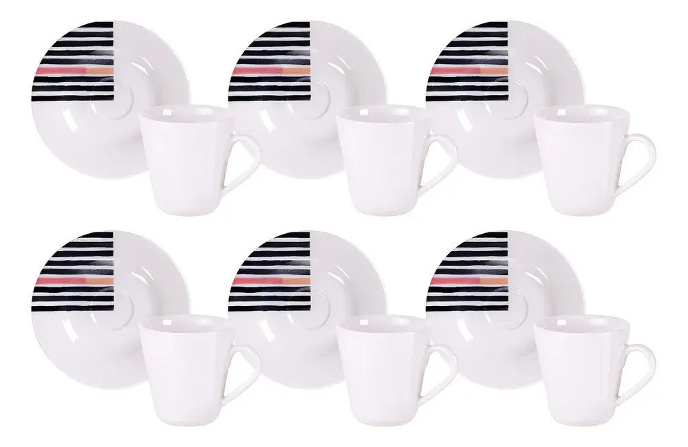 Kit Xícara e Pires de Café Street em Porcelana Decorada 70 ml 12 Peças Branco Tramontina