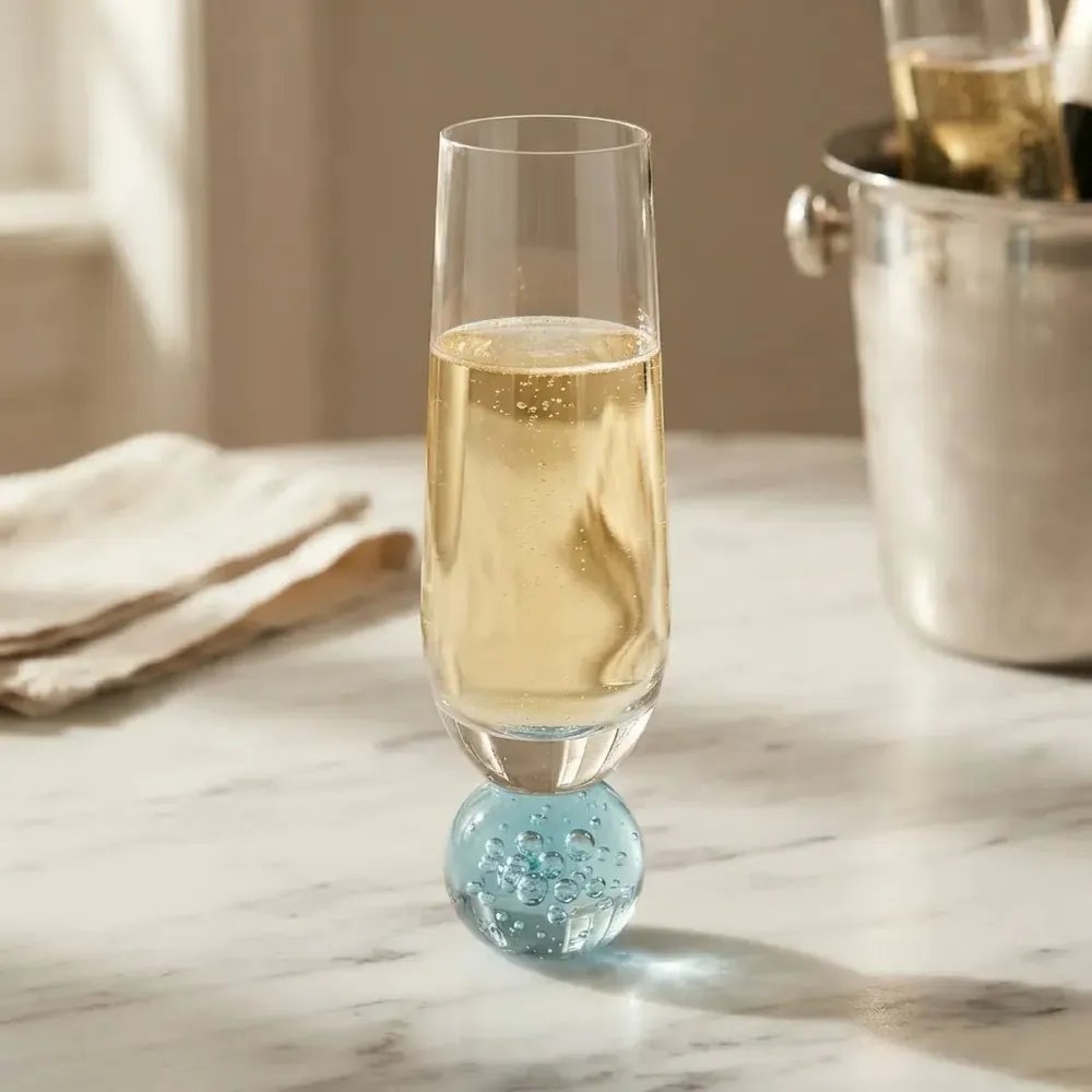 Jogo 6 Taças Champagne Espumante 300ml Base Esfera Bola Azul - Kitchen Style