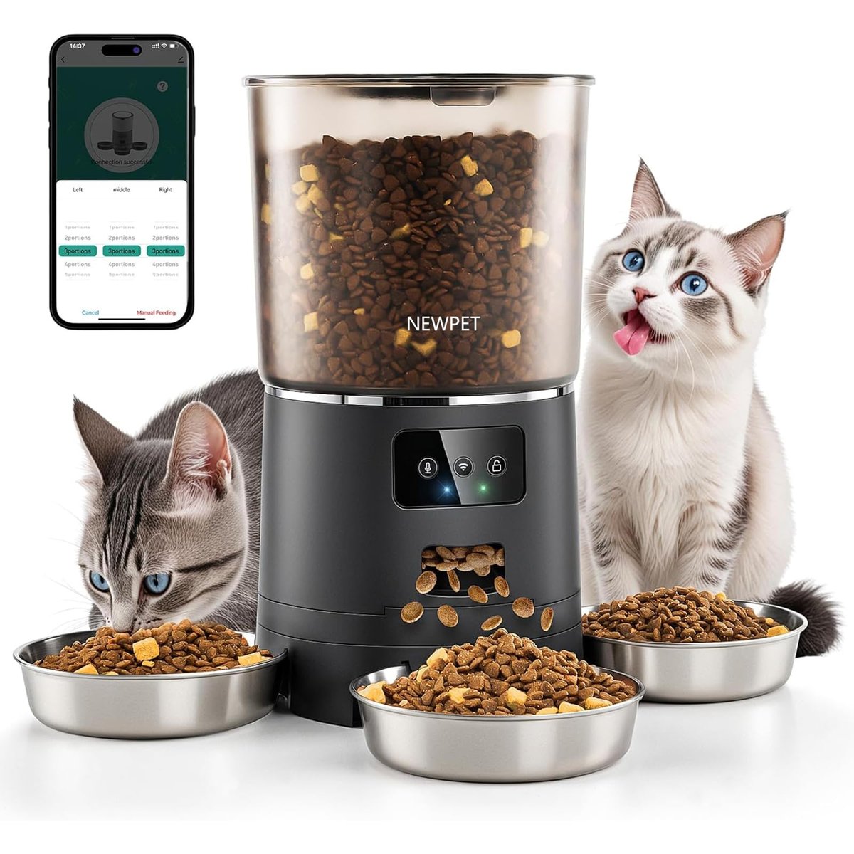 Alimentador Automático para Gatos para 3 Gatos, 6L Alimentador Inteligente WiFi para Animais de Estimação, Sistema Anti-Atolamento forte, Dispensador de Alimentos para Gatos