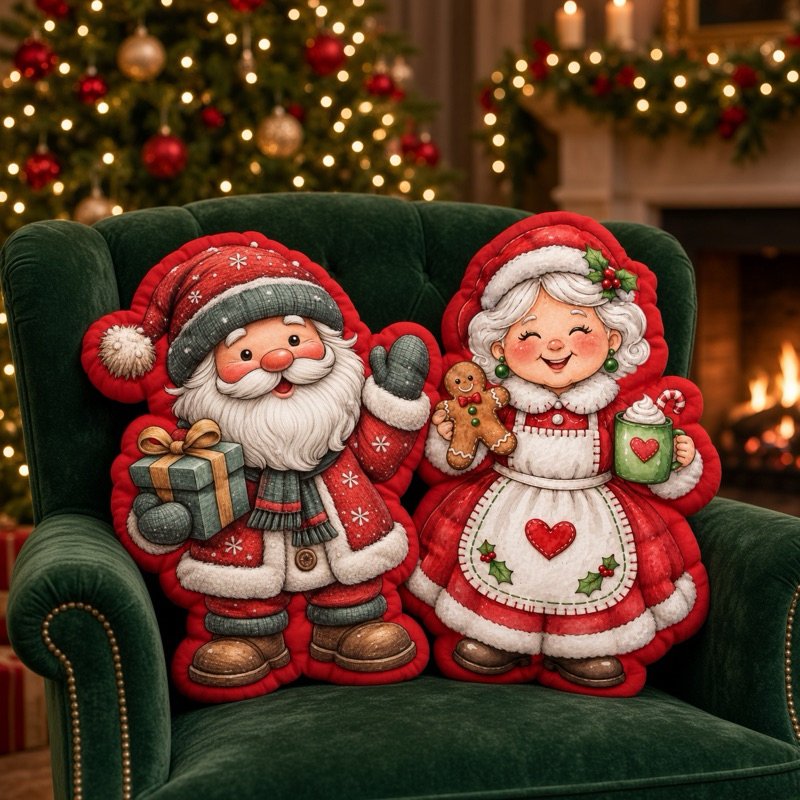 Almofadas de Natal papai Noel e mamãe Noel pijama, mamãe Noel biscoito