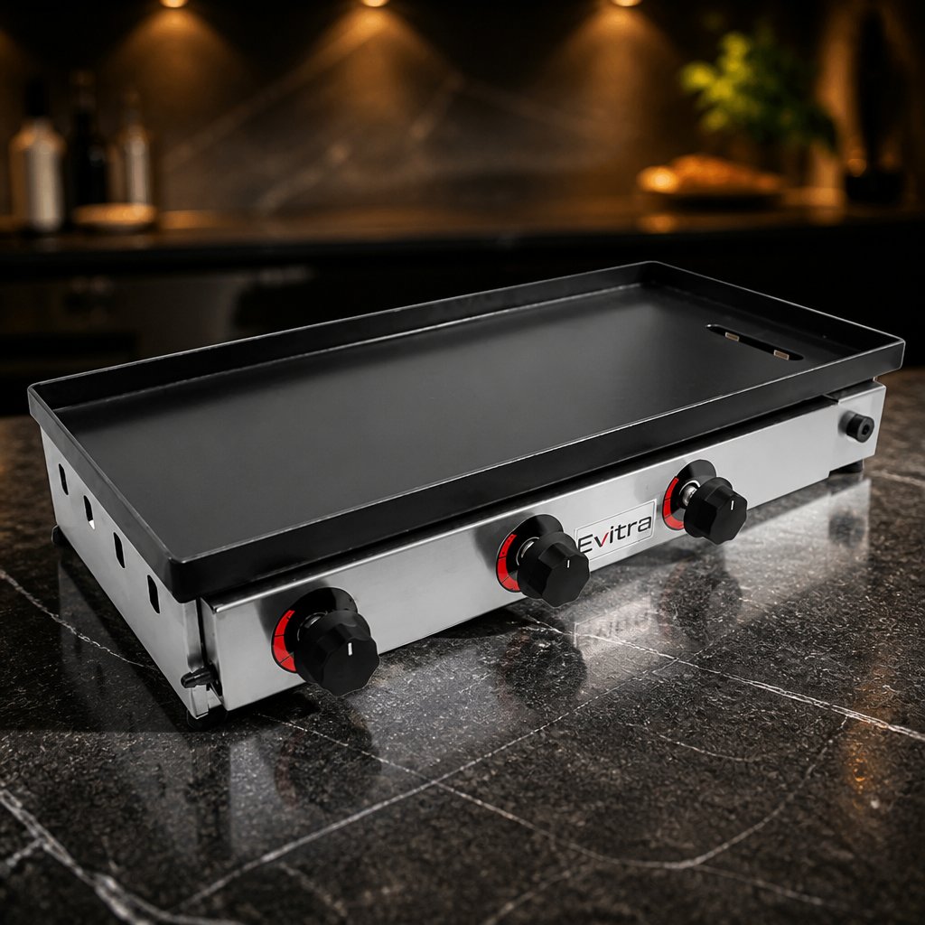 Chapa de Lanche Hamburger 3 Queimadores 70x35cm Profissional A Gás Industrial Com 5mm de Espessura Para Restaurante Hotdog Cachorro Quente Em Inox 430 - Evitra