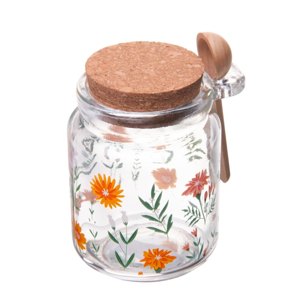 LYOR - Porta Mantimento Redondo de Vidro com Tampa e Colher de Bambu Flora 240ml - Organização de Alimentos