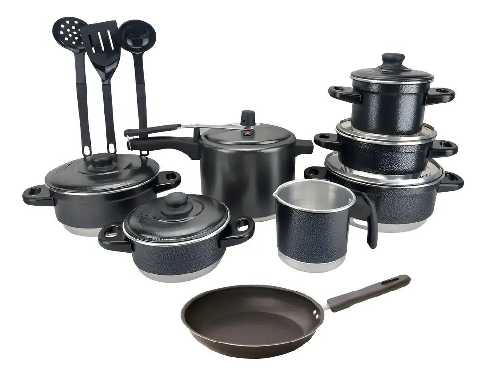 Jogo de Panelas Extra Forte Luxo 12 Peças com Panela de Pressão e Frigideira Antiaderente Preto Craqueado