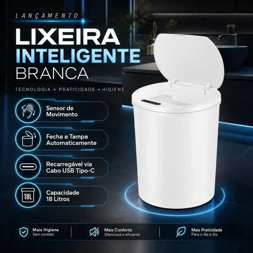 Lixeira Inteligente Automática Branca Com Sensor Anti Odor 16l Recarregável Usb Abre Sozinha