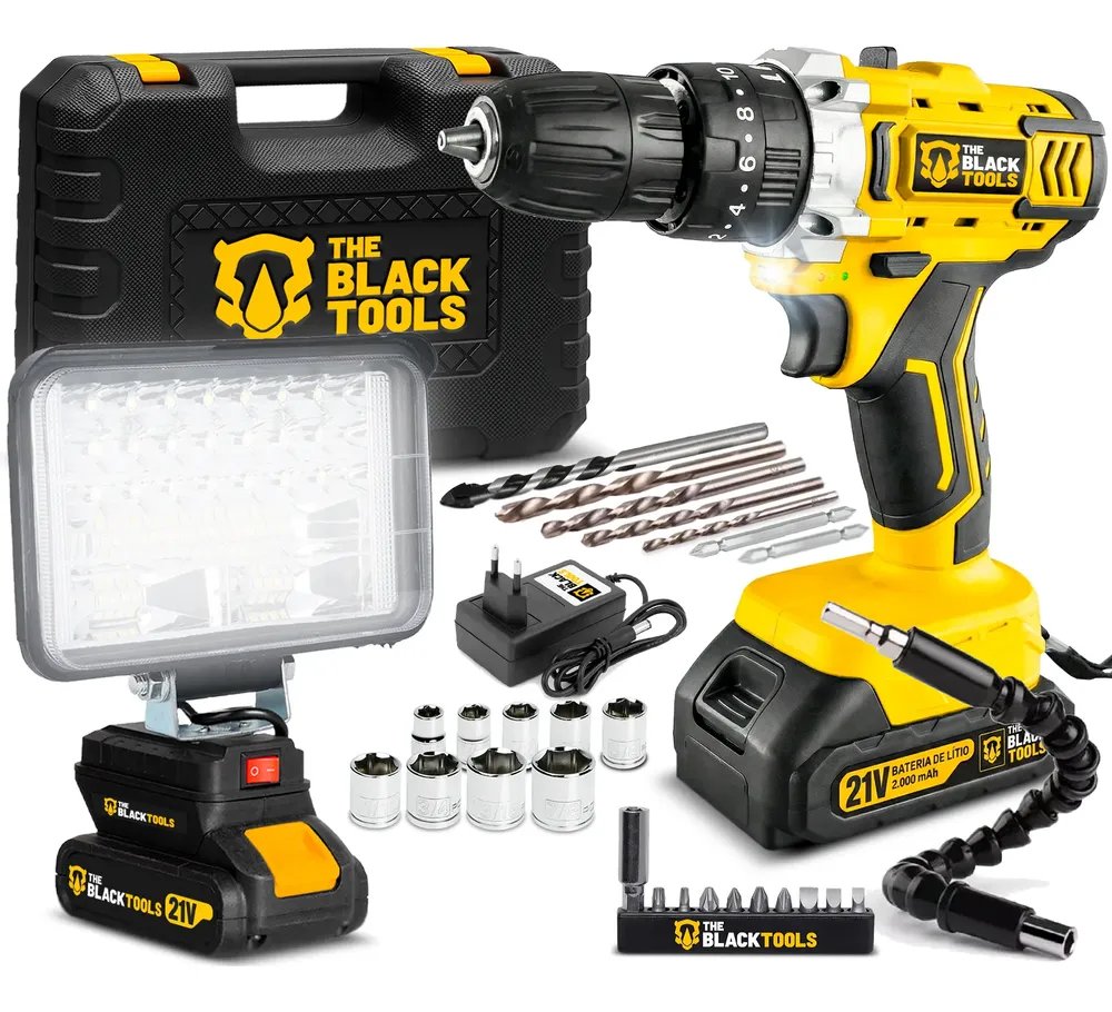 Furadeira Parafusadeira 21v 3/8 Pol. E Refletor Portátil 18w Amarelo 127v/220v