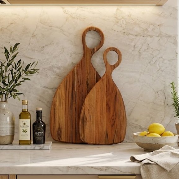 Kit Tábua de Corte Royal Com Cabo Decorar Cozinha Servir e Cortar P e M - Madeira Nobre Premium