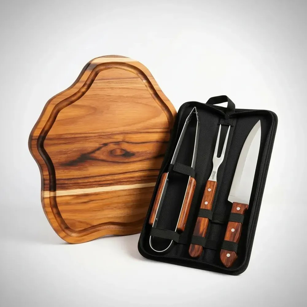 Kit Tabua Churrasco Estojo Garfo Faca Pegador Personalizado