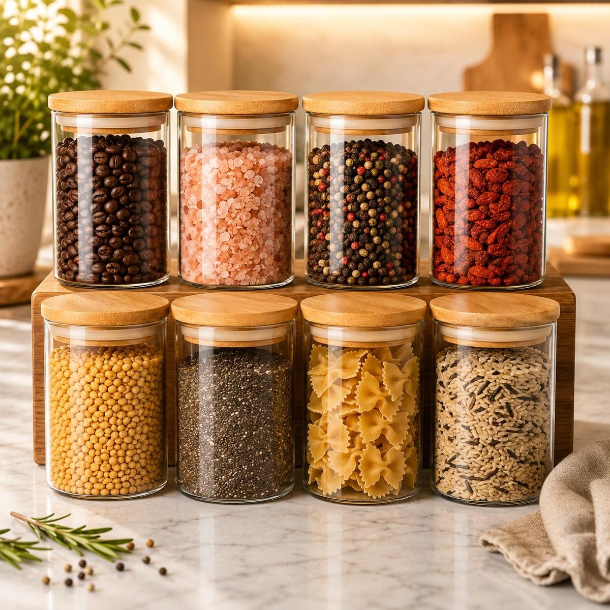 Kit 8 Potes Herméticos 200ML de Vidro com Tampa de Bambu para Mantimentos e Temperos, Organizador de Cozinha, Potes Transparentes com Vedação para Grãos, Café, Açúcar, Ervas e Especiarias