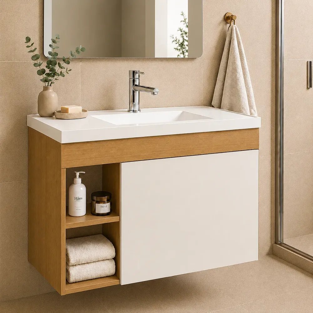 Gabinete Para Banheiro Com Cuba Compacta Design Clean Nature/off White Branco Um Furo