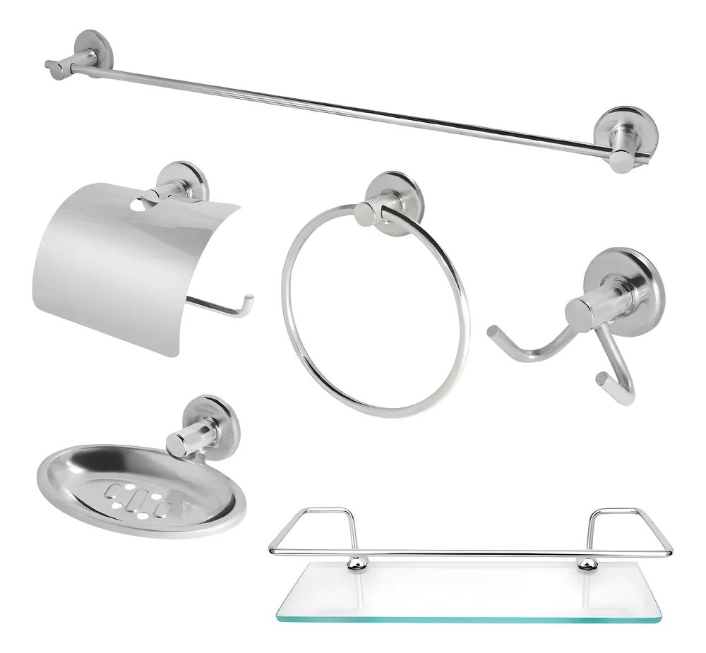 Kit Acessórios Banheiro Inox 5peças + 1 Porta Shampoo Reto Cor Prateado