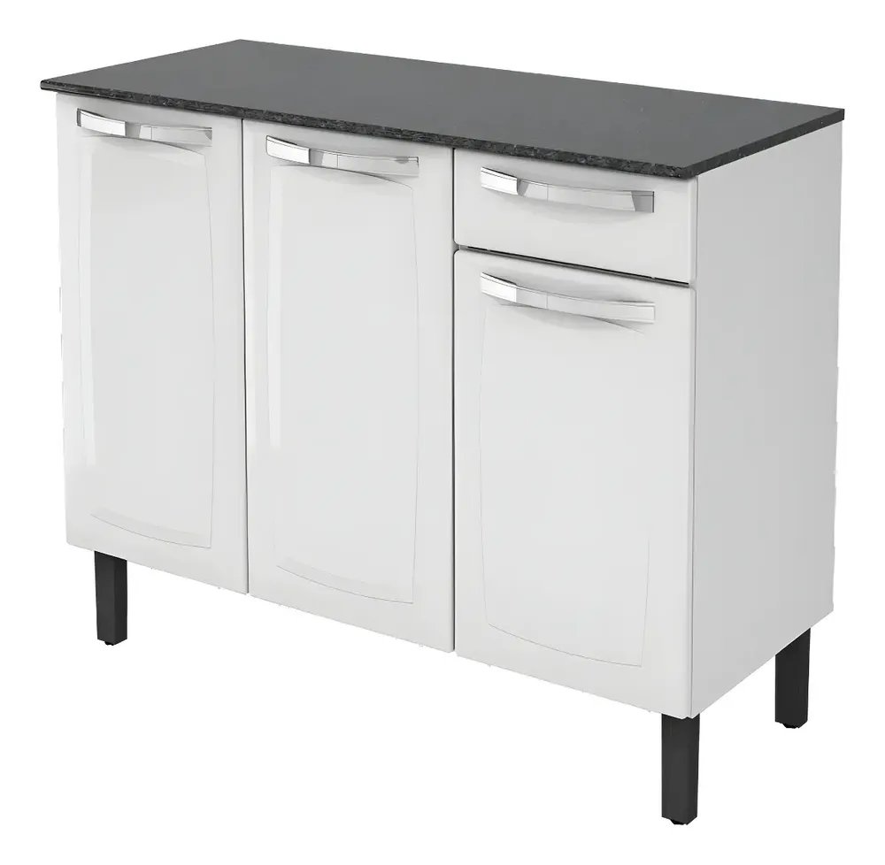Balcão de Cozinha Itatiaia Aço 3 Portas 1 Gaveta Com Tampo de 105 CM Modelo Rose Branco Neve