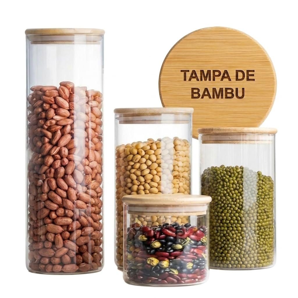 Kit 4 Potes Herméticos de Vidro Redondos com Tampa de Bambu