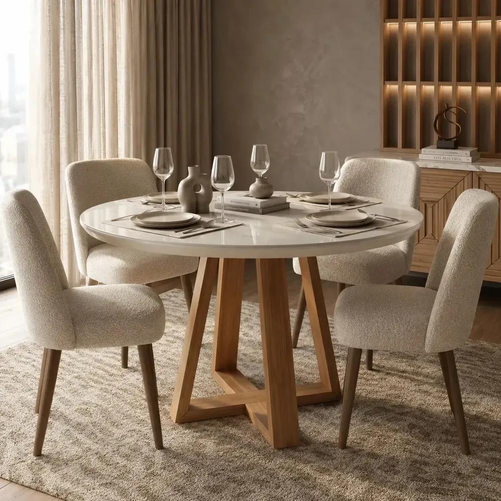 Mesa de Jantar Redonda 4 Lugares Valentina Inova Design Off White Nature Mesa de Cozinha Sala de Jantar Espaço Gourmet Copa Apartamento Moderna Avulsa Refeições Confraternizações Decoração Residencial
