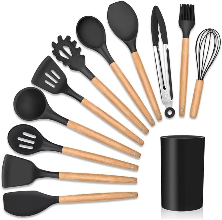 Kit Utensílios de Cozinha com Suporte Organizador, Conjunto de Colheres, Espátulas, Pegador, Batedor e Pincel com Cabos Amadeirados, Acessórios para Cozinhar e Servir