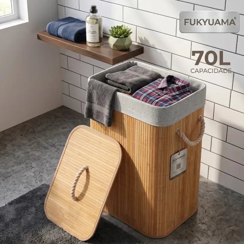 Cesto de Roupa Retangular de Bambu com Tampa e Forro – Fukuyama, Bege