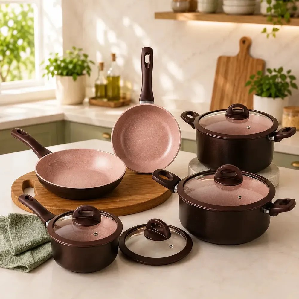 Conjunto De Panelas 5 Peças Indução Gas Antiaderente Revestimento Ceramica Com Tampa
