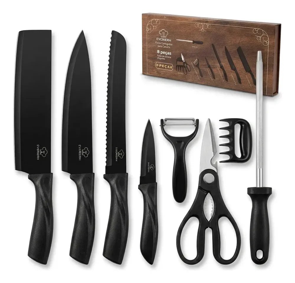 Conjunto De Facas Chef Profissional 8 Peças Churrasco Innox Preto