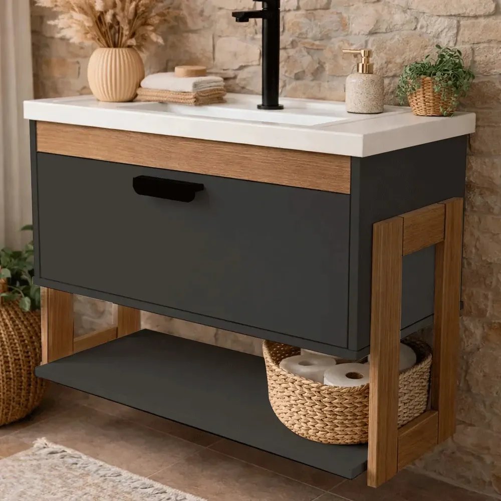Gabinete Armario De Banheiro 100% Mdf - Riva Com Nicho 60cm Preto Branco Um Furo