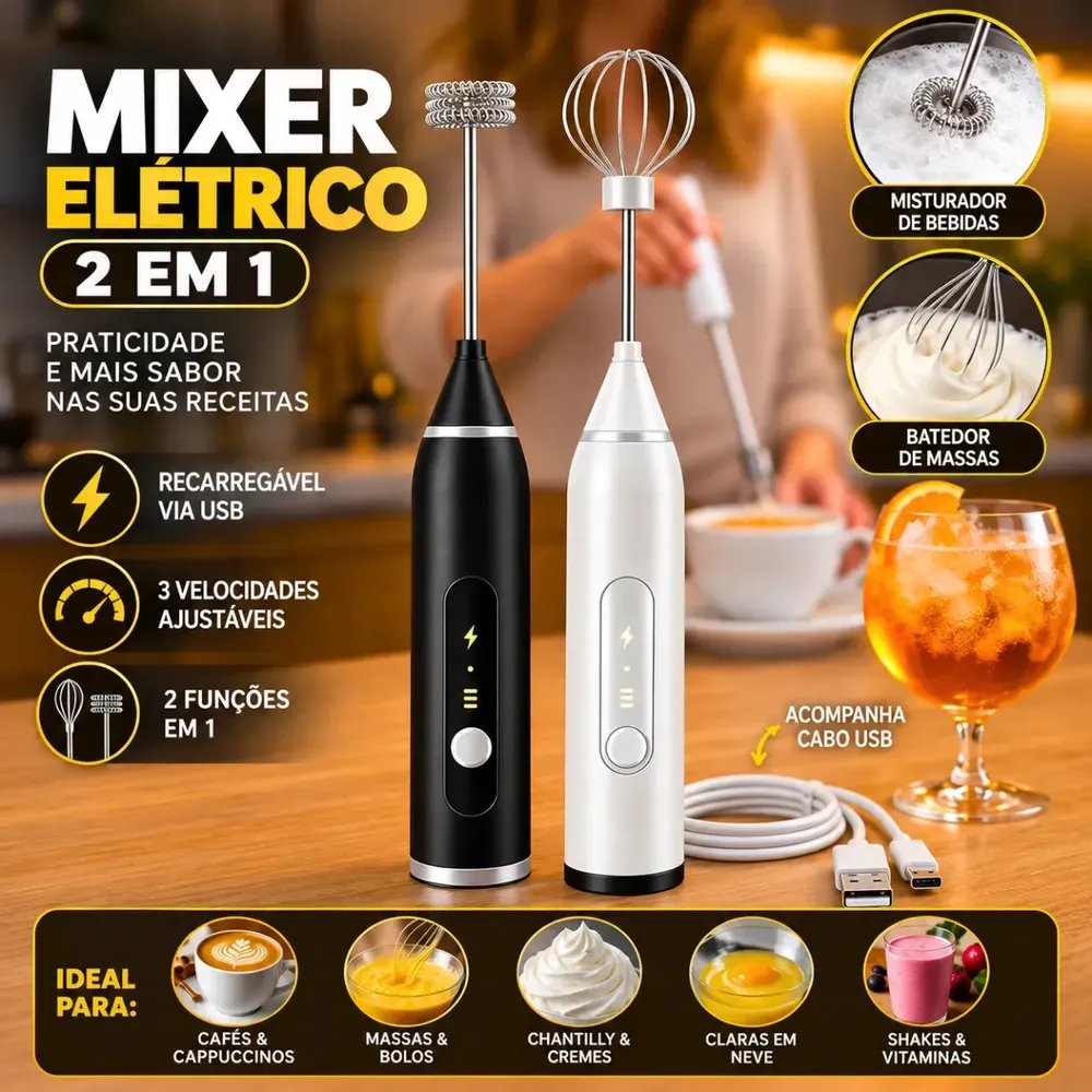 Mini Mixer Misturador De Bebidas Elétrico 2 Em 1 Portátil Recarregável Mexedor De Ovos Leite Whey Café Espuma Shake Drinks Capuccino Suco Blackbom
