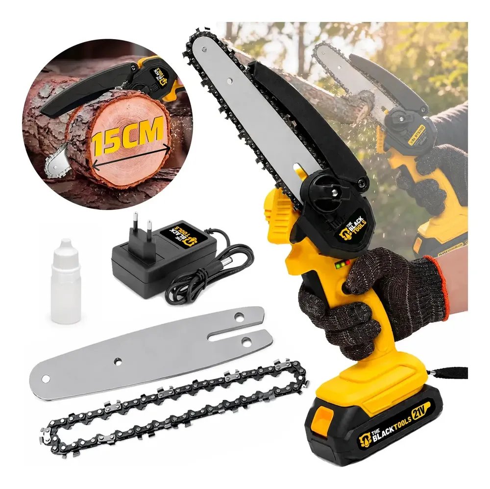 Mini Motosserra Portatil De 6 polegadas 550W A Bateria 21v Recarregável Profissional Bts-200 The Black Tools