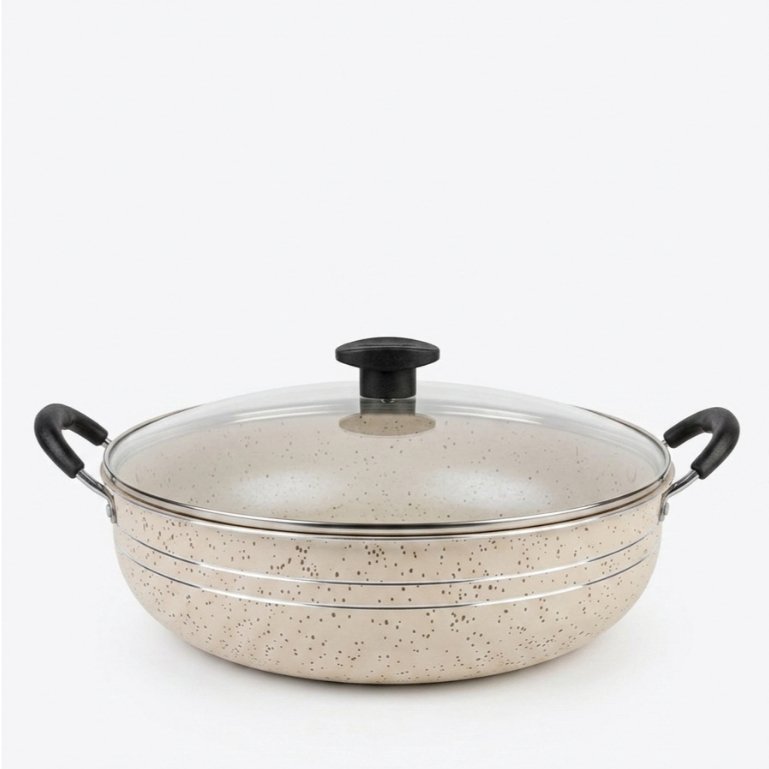 Panela Grande Frigideira Wok Silver Lines Antiaderente com alças + Tampa.