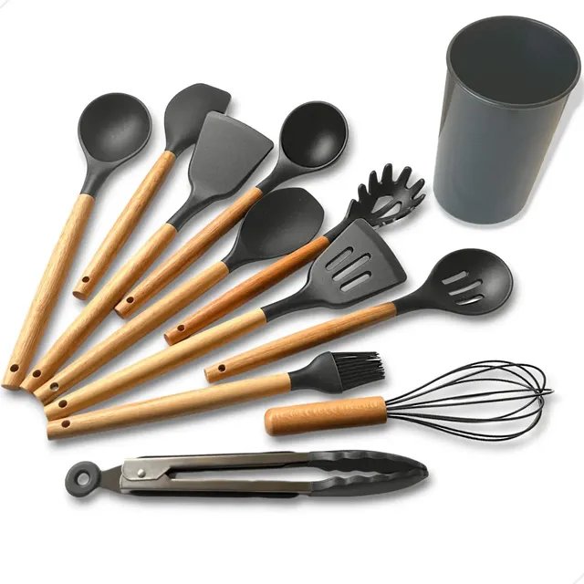 Kit C/12 Utensílios De Cozinha Silicone Cabo Madeira