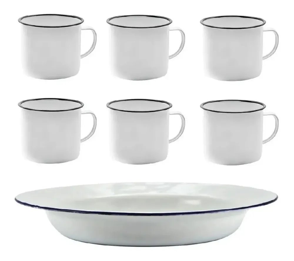 Kit 6 Pratos E 6 Canecas Esmaltados Brancos  Alumínio Yazi Branco