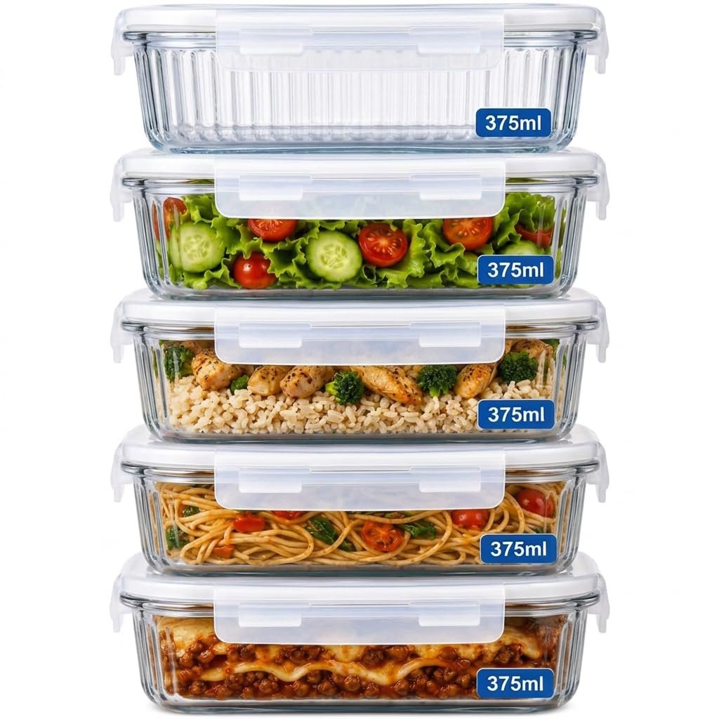 Kit 5 Potes de Vidro Herméticos 375ml – Tampa com Trava, Vedação Airtight, Ideal para Marmitas, Porta Mantimentos, Alimentos e Organização, Acabamento Premium