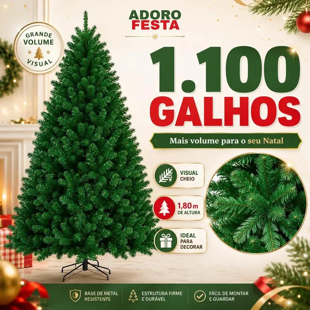 Árvore de Natal Tradicional Pinheiro Verde 1,80m Cheia Com 1100 Galhos Cheios Marca Adoro Festa