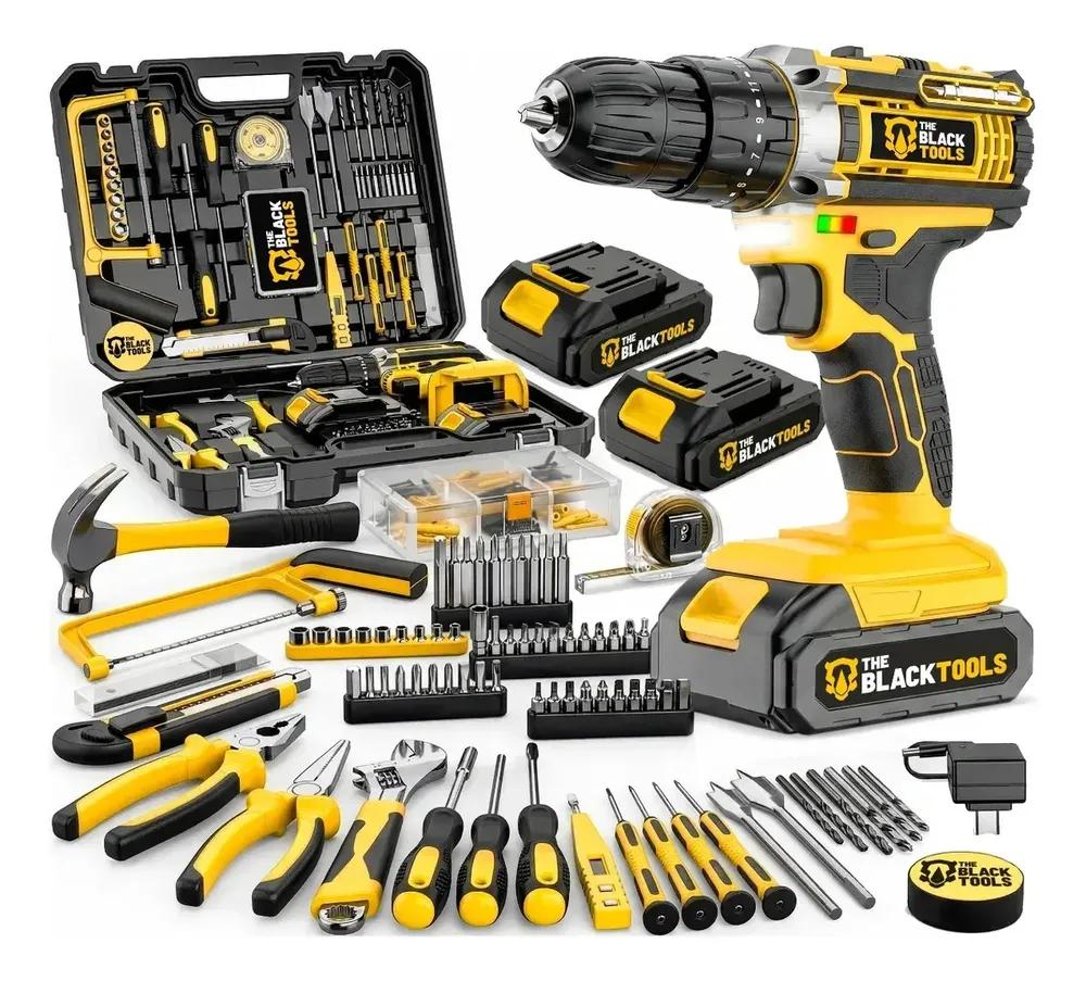 Parafusadeira Furadeira De Impacto The Black Tools Com Maleta + Kit Acessórios 147 Peças 2 Baterias Profissional Tbkit17