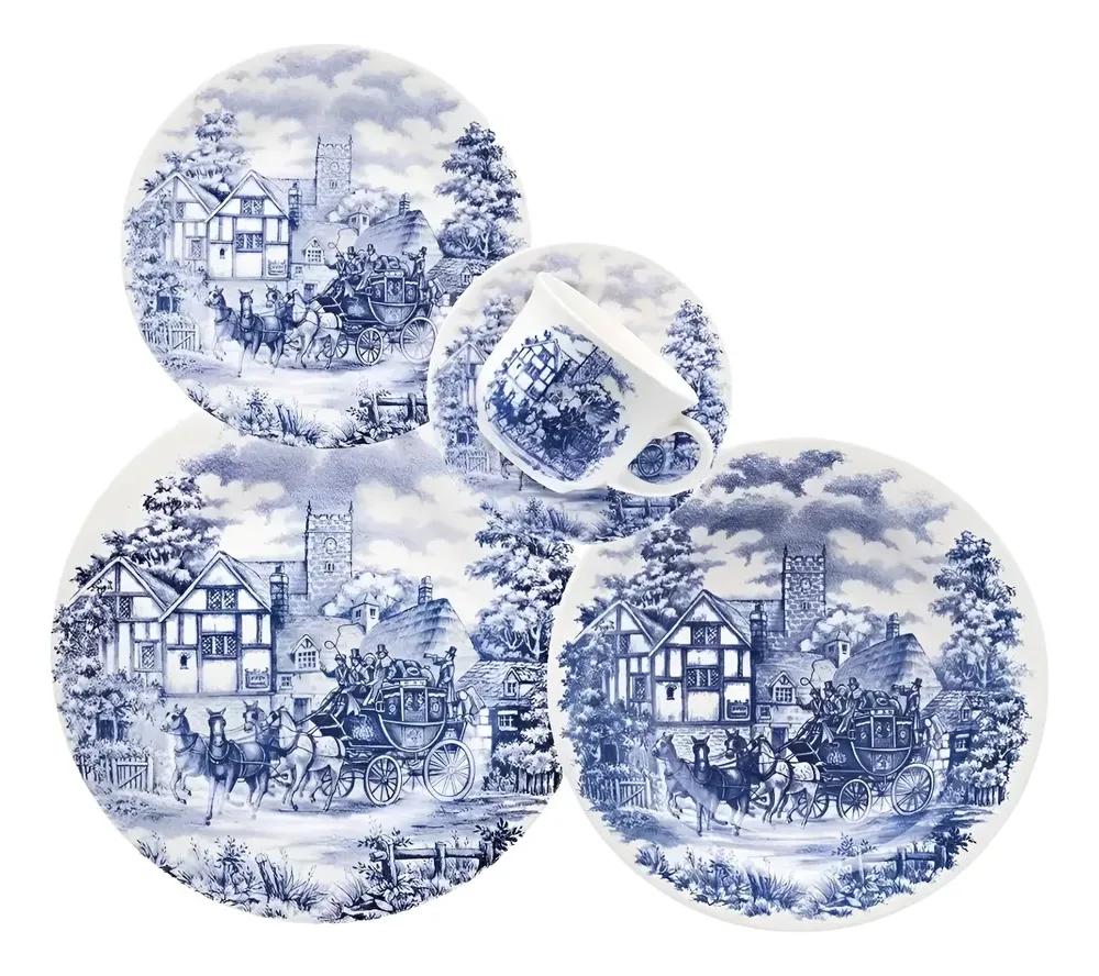 Aparelho De Jantar E Chá 30pcs Cena Inglesa Biona Oxford Cor Azul Florido