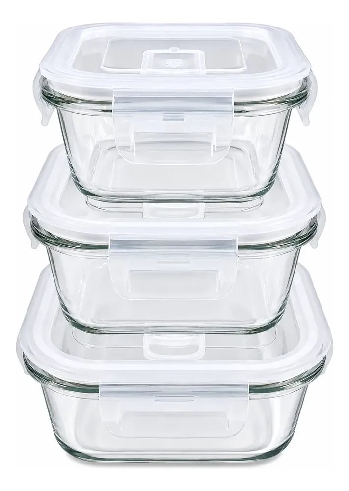 Kit 3 Potes De Vidro Hermético 3 Tamanhos 310ml/530ml/800ml Branco