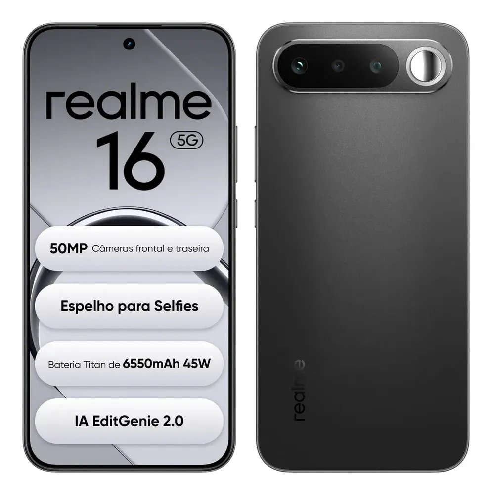 Smartphone Celular Realme 16 5g 256gb 12gb Ram Dual Sim Câmera De 50mp Lumacolor Image Espelho para Selfies Bateria 6550mah, Resistência à água Ip69 Pro, 4200nit Amoled Preto
