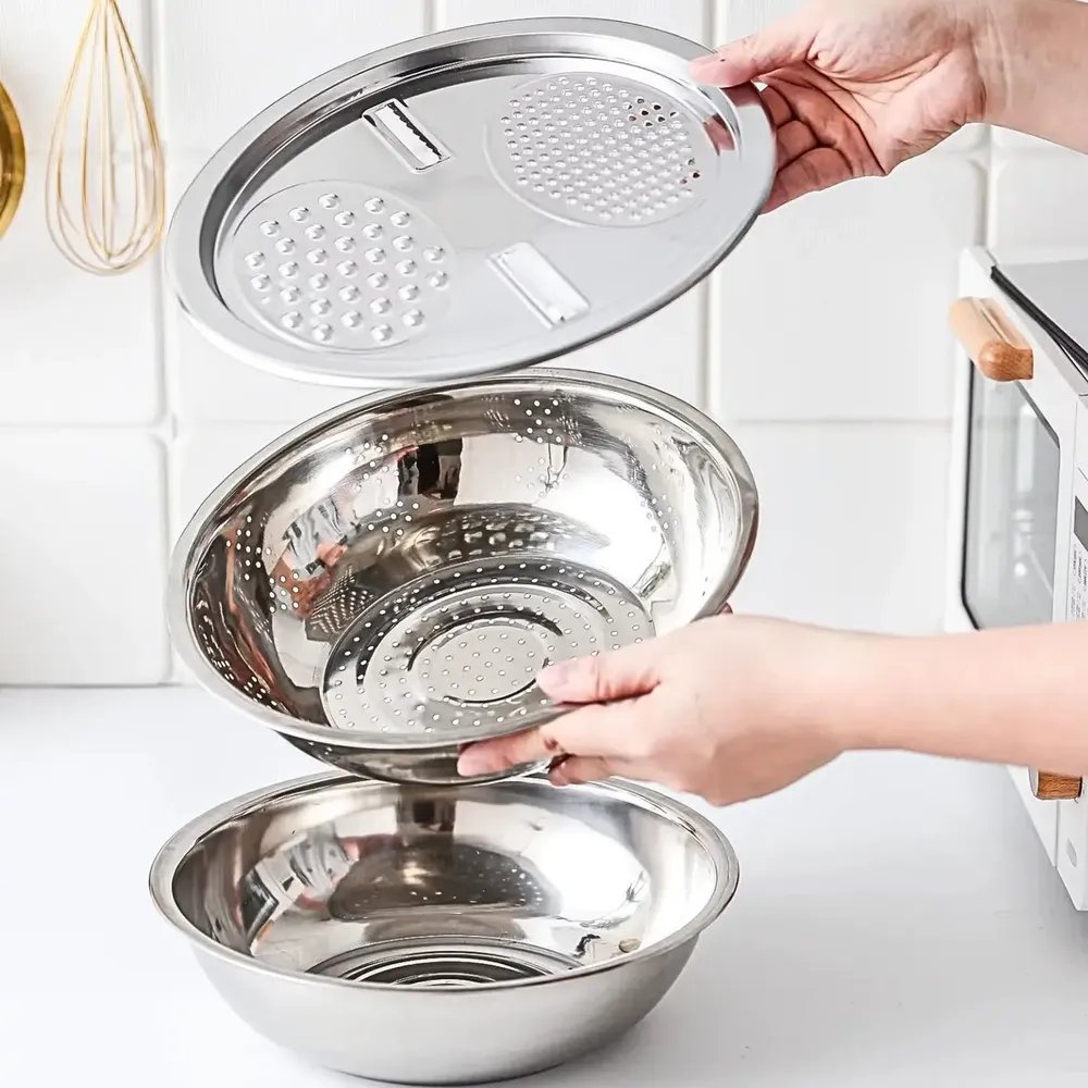 Bowl Kit 3 Em 1 Escorredor Massa Macarrão Ralador Inox Prateado