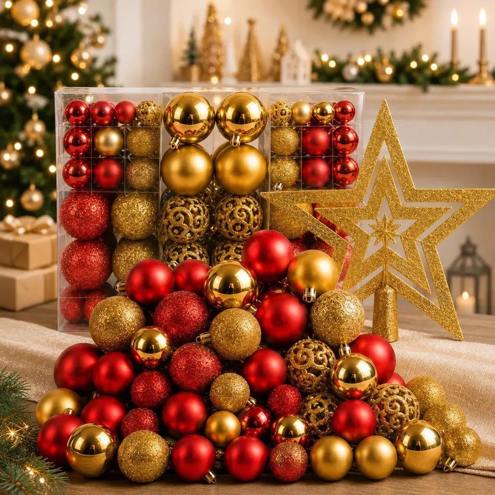Kit 100 Bolas + Estrela Pendentes P/ Decoração Árvore De Natal Bolinhas Dekasa Premium Lisas/foscas/glitter - Mesclado Vermelho E Dourado