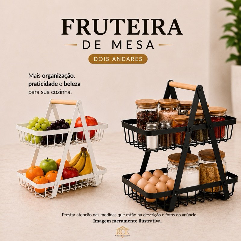 Fruteira de Mesa 2 Andares Preta/ Branca Tamanho 25x14,5x22cm