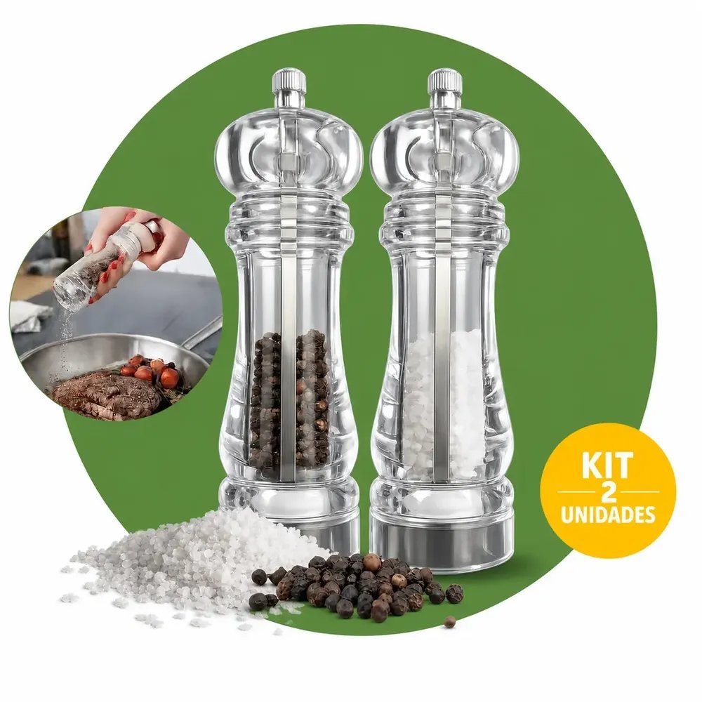 Kit 2 Moedores De Pimenta E Sal Grosso 17cm Acrilico Ajuste Fino E Grosso Moagem Manual Precisa Mecanismo Cerâmica Aço Inox Cozinha Churrasco Boa Dica
